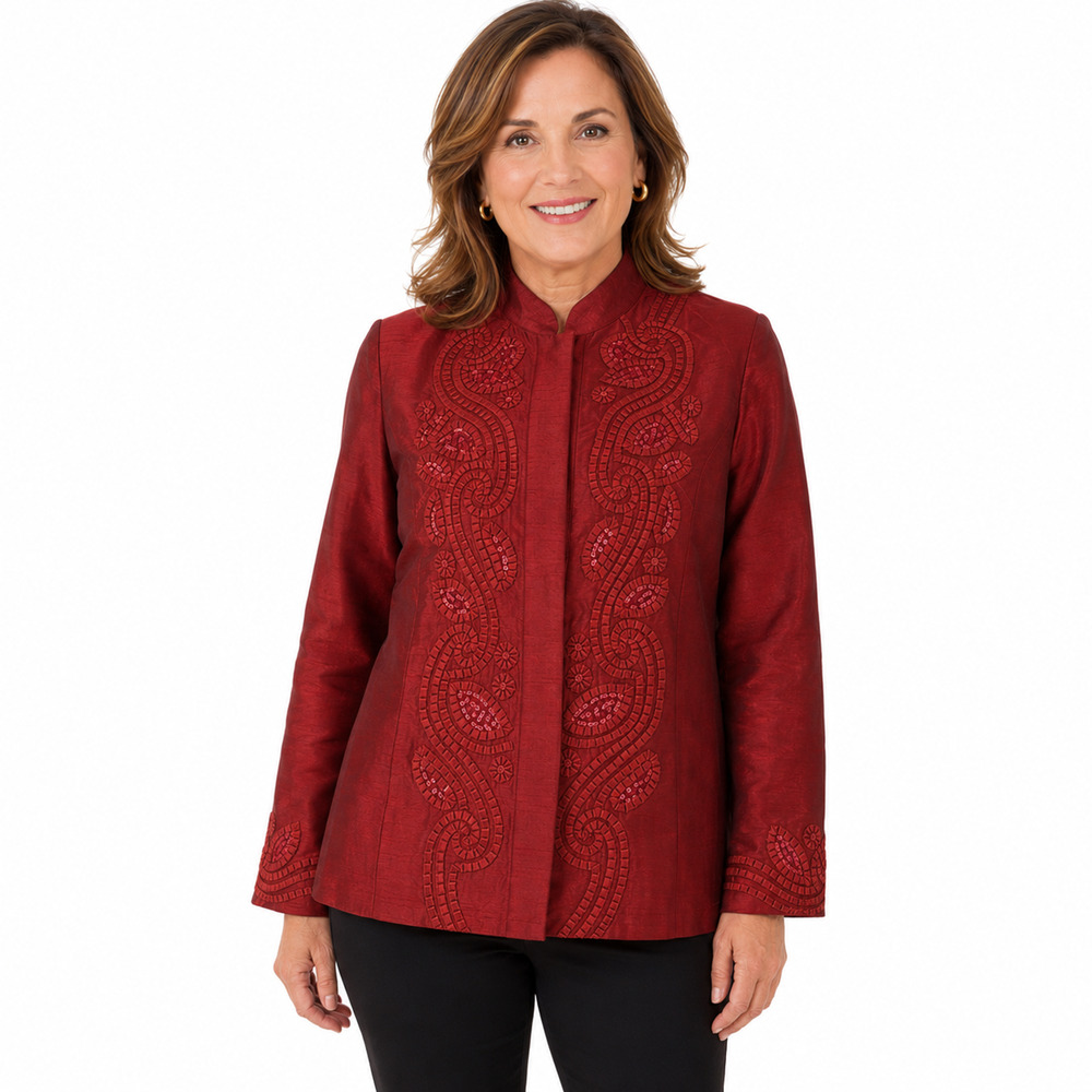 Chicos Red Sequin Lined Button Up Suit Jacket Evening Party Blazer sz 1 / M